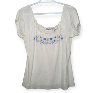 Fashion  Bug White Textured Embroidered Blue Floral Neckline Women Medium